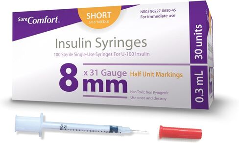 U-100 Insulin Syringes 31G x 5/16" 1cc (8 mm), Quality Disposable Syringes for Diabetes Care, Box of 100 in Kuwait