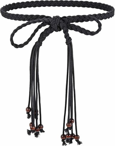 CHIC DIARY Women's Braided Rope Belt Boho Handwoven tie Waist Belt for Dresses Fringe Waistband with Beads in Kuwait