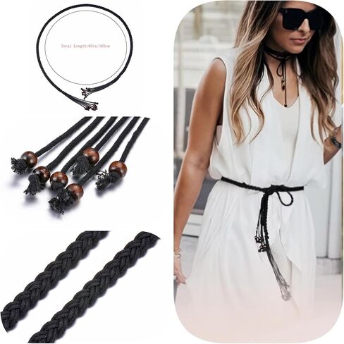 CHIC DIARY Women's Braided Rope Belt Boho Handwoven tie Waist Belt for Dresses Fringe Waistband with Beads in Kuwait