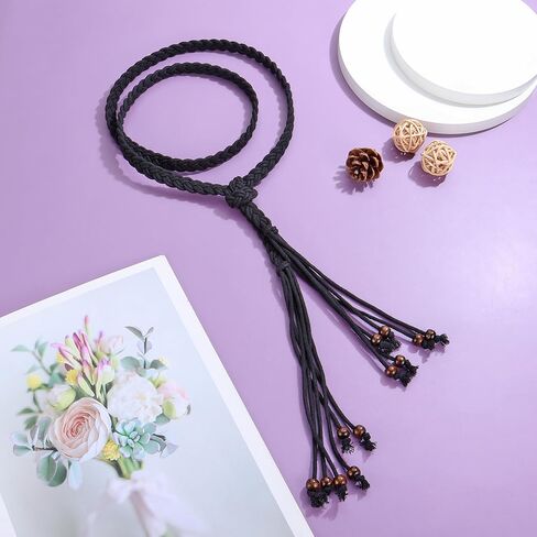 CHIC DIARY Women's Braided Rope Belt Boho Handwoven tie Waist Belt for Dresses Fringe Waistband with Beads in Kuwait