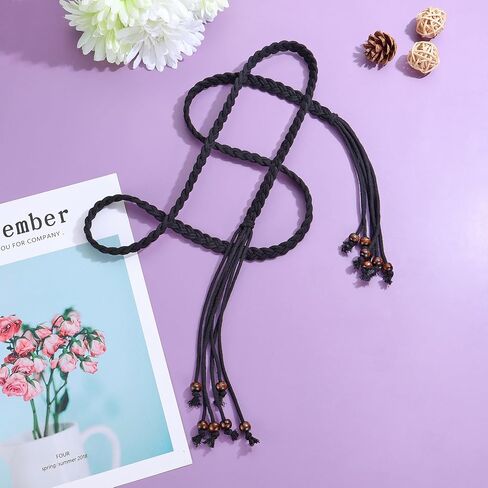CHIC DIARY Women's Braided Rope Belt Boho Handwoven tie Waist Belt for Dresses Fringe Waistband with Beads in Kuwait