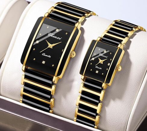 Gosasa Vintage Couple Watches Men and Women Matching Quartz Watch Square Ceramic His and Hers Watches Set Pair Watches Diamond Waterproof in Saudi Arabia