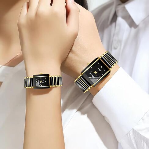 Gosasa Vintage Couple Watches Men and Women Matching Quartz Watch Square Ceramic His and Hers Watches Set Pair Watches Diamond Waterproof in Saudi Arabia