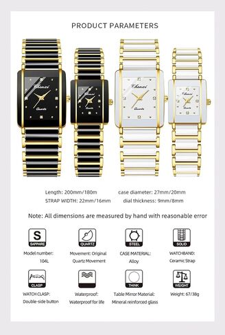 Gosasa Vintage Couple Watches Men and Women Matching Quartz Watch Square Ceramic His and Hers Watches Set Pair Watches Diamond Waterproof in Saudi Arabia