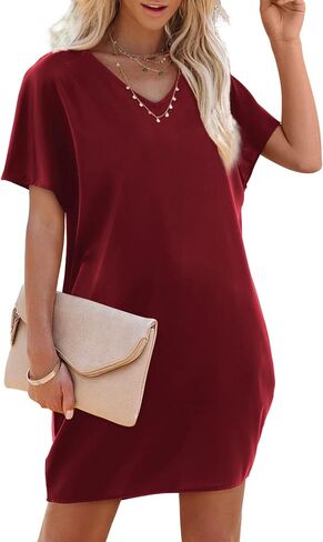 Amoretu Short Sleeve V Neck Mini Dresses Loose Fit Trendy Tunic Dress for Women with Pocket in Kuwait