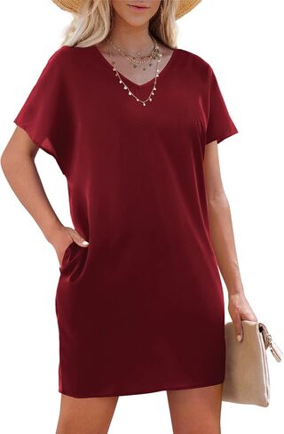 Amoretu Short Sleeve V Neck Mini Dresses Loose Fit Trendy Tunic Dress for Women with Pocket in Kuwait