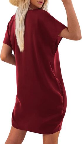 Amoretu Short Sleeve V Neck Mini Dresses Loose Fit Trendy Tunic Dress for Women with Pocket in Kuwait
