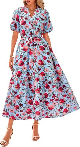 BTFBM Women Summer Floral Midi Dresses Casual Boho Puff Short Sleeve V Neck Button Belt Flowy Maxi Beach Vacation Dress in Saudi Arabia
