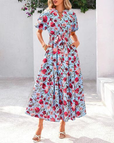 BTFBM Women Summer Floral Midi Dresses Casual Boho Puff Short Sleeve V Neck Button Belt Flowy Maxi Beach Vacation Dress in Saudi Arabia