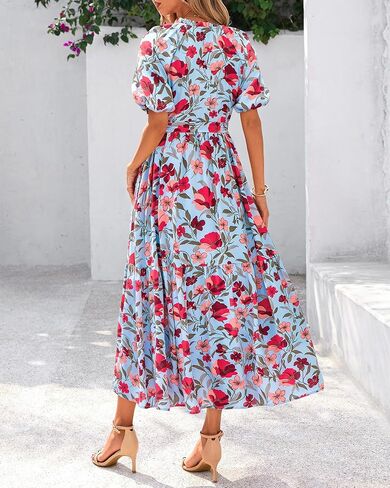 BTFBM Women Summer Floral Midi Dresses Casual Boho Puff Short Sleeve V Neck Button Belt Flowy Maxi Beach Vacation Dress in Saudi Arabia