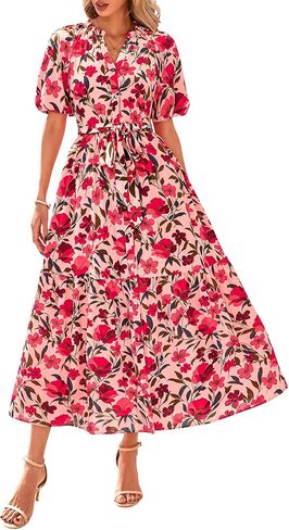 BTFBM Women Summer Floral Midi Dresses Casual Boho Puff Short Sleeve V Neck Button Belt Flowy Maxi Beach Vacation Dress in Saudi Arabia