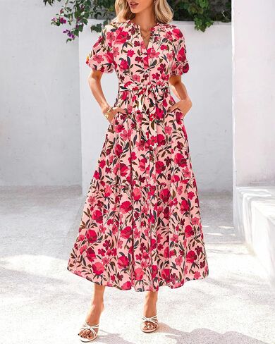 BTFBM Women Summer Floral Midi Dresses Casual Boho Puff Short Sleeve V Neck Button Belt Flowy Maxi Beach Vacation Dress in Saudi Arabia