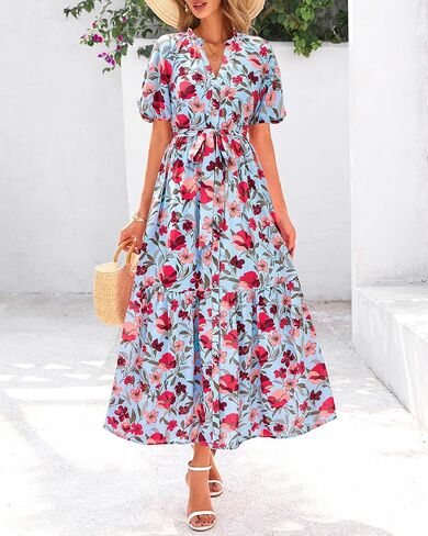 BTFBM Women Summer Floral Midi Dresses Casual Boho Puff Short Sleeve V Neck Button Belt Flowy Maxi Beach Vacation Dress in Saudi Arabia