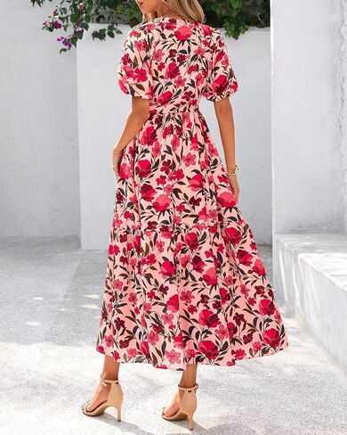 BTFBM Women Summer Floral Midi Dresses Casual Boho Puff Short Sleeve V Neck Button Belt Flowy Maxi Beach Vacation Dress in Saudi Arabia