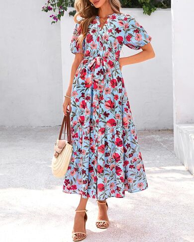 BTFBM Women Summer Floral Midi Dresses Casual Boho Puff Short Sleeve V Neck Button Belt Flowy Maxi Beach Vacation Dress in Saudi Arabia