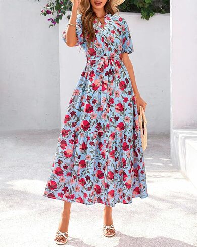 BTFBM Women Summer Floral Midi Dresses Casual Boho Puff Short Sleeve V Neck Button Belt Flowy Maxi Beach Vacation Dress in Saudi Arabia