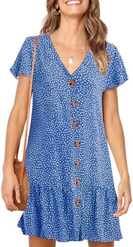 Imysty Womens Polka Dot V Neck Button Down Ruffles Loose Mini Short T-Shirt Dress in Kuwait
