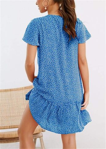 Imysty Womens Polka Dot V Neck Button Down Ruffles Loose Mini Short T-Shirt Dress in Kuwait