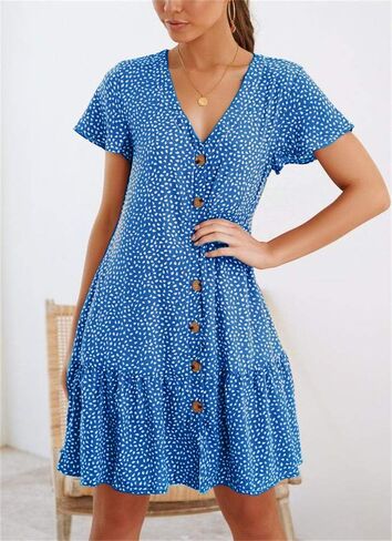 Imysty Womens Polka Dot V Neck Button Down Ruffles Loose Mini Short T-Shirt Dress in Kuwait