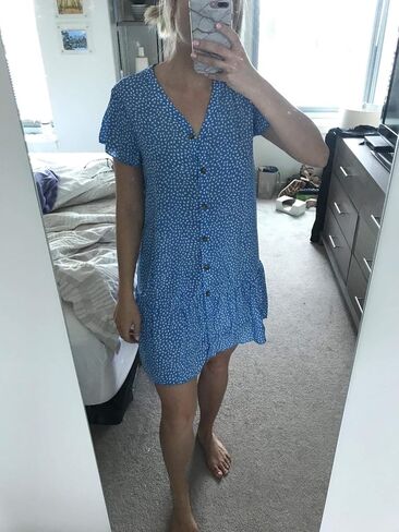 Imysty Womens Polka Dot V Neck Button Down Ruffles Loose Mini Short T-Shirt Dress in Kuwait