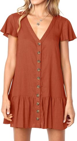Imysty Womens Polka Dot V Neck Button Down Ruffles Loose Mini Short T-Shirt Dress in Kuwait