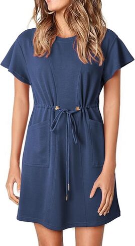 EVALESS Womens Spring Summer Dresses 2025 Casual Round Neck Ruffle Short Sleeve Flowy A Line Mini Dress with Pockets in Saudi Arabia