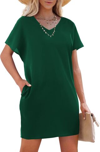 Amoretu Short Sleeve V Neck Mini Dresses Loose Fit Trendy Tunic Dress for Women with Pocket in Kuwait