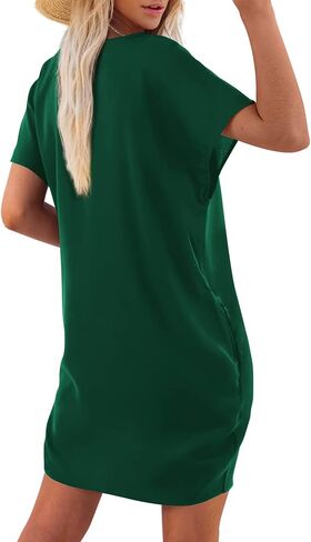 Amoretu Short Sleeve V Neck Mini Dresses Loose Fit Trendy Tunic Dress for Women with Pocket in Kuwait
