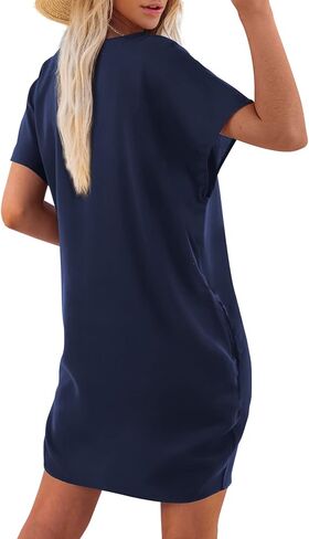 Amoretu Short Sleeve V Neck Mini Dresses Loose Fit Trendy Tunic Dress for Women with Pocket in Kuwait