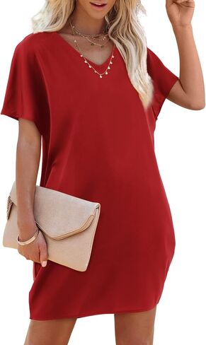 Amoretu Short Sleeve V Neck Mini Dresses Loose Fit Trendy Tunic Dress for Women with Pocket in Kuwait