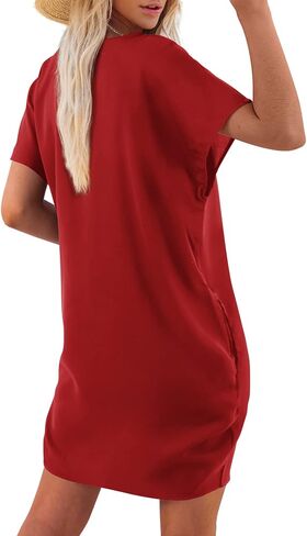 Amoretu Short Sleeve V Neck Mini Dresses Loose Fit Trendy Tunic Dress for Women with Pocket in Kuwait