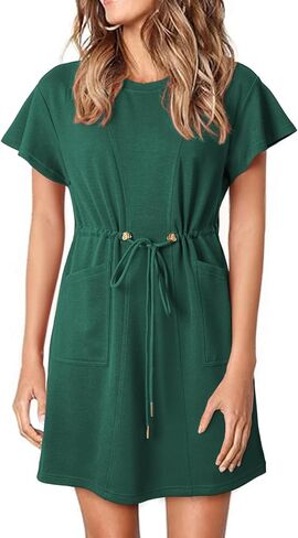 EVALESS Womens Spring Summer Dresses 2025 Casual Round Neck Ruffle Short Sleeve Flowy A Line Mini Dress with Pockets in Saudi Arabia