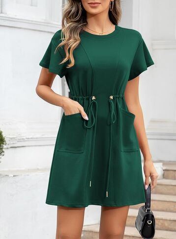 EVALESS Womens Spring Summer Dresses 2025 Casual Round Neck Ruffle Short Sleeve Flowy A Line Mini Dress with Pockets in Saudi Arabia