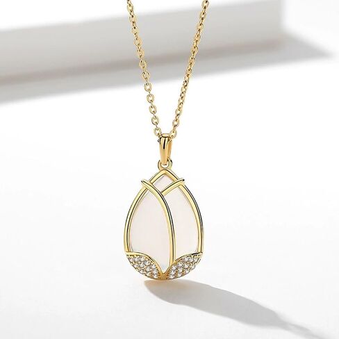 Sterling Silver White Chalcedony Tulip Flower with Little Crystals Pendant Necklace in Kuwait