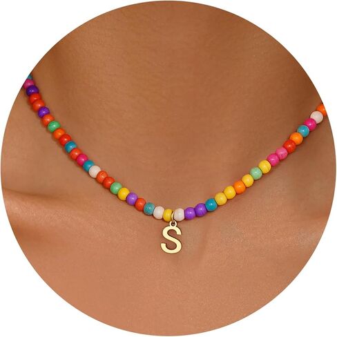 Eioi & Lmnm Colorful Initial Necklace for Girls Kids Women - Teen Girls Gifts Trendy Stuff Colorful Bead A-Z Initial Letter Necklace Choker Letter Birthday Gifts for Girl Age 5 6 7 8 9 10 in Kuwait