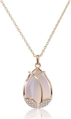 Sterling Silver White Chalcedony Tulip Flower with Little Crystals Pendant Necklace in Kuwait