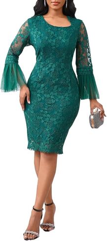 Cololura Women Elegant Sexy Floral Lace Patchwork Long Sleeve Flared Formal Evening Gown Party Cocktail Midi Dress in Saudi Arabia