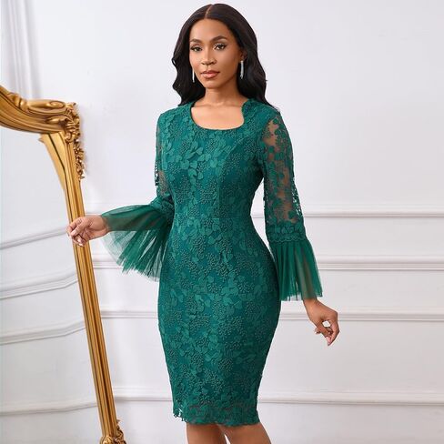 Cololura Women Elegant Sexy Floral Lace Patchwork Long Sleeve Flared Formal Evening Gown Party Cocktail Midi Dress in Saudi Arabia
