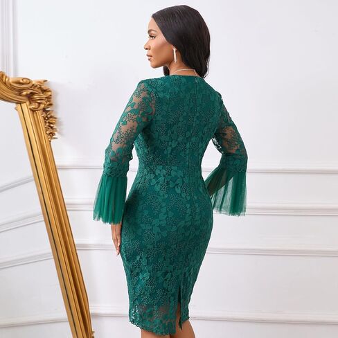 Cololura Women Elegant Sexy Floral Lace Patchwork Long Sleeve Flared Formal Evening Gown Party Cocktail Midi Dress in Saudi Arabia