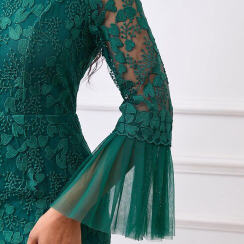 Cololura Women Elegant Sexy Floral Lace Patchwork Long Sleeve Flared Formal Evening Gown Party Cocktail Midi Dress in Saudi Arabia
