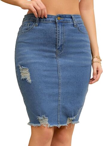 Women's Denim Skirt Stretch Denim High Waisted Raw Hem Above The Knee Pencil Skirt Jean Skirts in Saudi Arabia