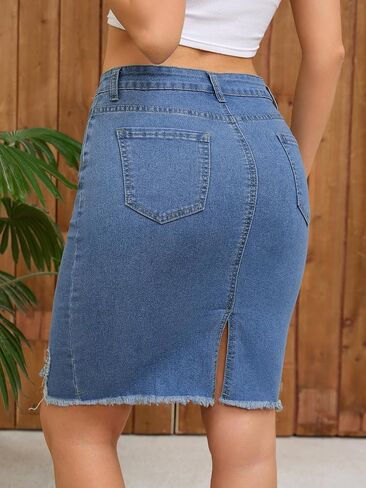 Women's Denim Skirt Stretch Denim High Waisted Raw Hem Above The Knee Pencil Skirt Jean Skirts in Saudi Arabia