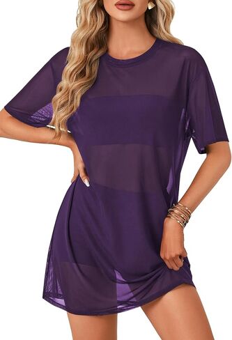 LYANER Women's Sheer Mesh Short Sleeve Cover Ups Round Neck See Through Sexy Blouse Shirt Top in Saudi Arabia
