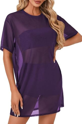 LYANER Women's Sheer Mesh Short Sleeve Cover Ups Round Neck See Through Sexy Blouse Shirt Top in Saudi Arabia