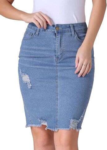 Women's Denim Skirt Stretch Denim High Waisted Raw Hem Above The Knee Pencil Skirt Jean Skirts in Saudi Arabia