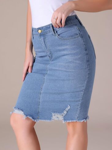 Women's Denim Skirt Stretch Denim High Waisted Raw Hem Above The Knee Pencil Skirt Jean Skirts in Saudi Arabia