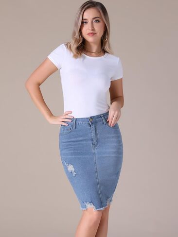 Women's Denim Skirt Stretch Denim High Waisted Raw Hem Above The Knee Pencil Skirt Jean Skirts in Saudi Arabia