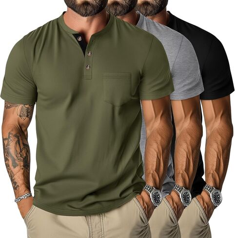 Riyiper 3 Pack Men's Henley T-Shirts Short Sleeve Pocket Cotton Classic Tops Casual Basic Tees with Button Summer Trendy in Saudi Arabia