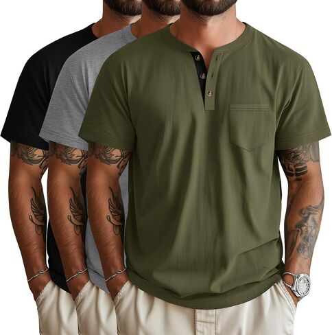 Riyiper 3 Pack Men's Henley T-Shirts Short Sleeve Pocket Cotton Classic Tops Casual Basic Tees with Button Summer Trendy in Saudi Arabia