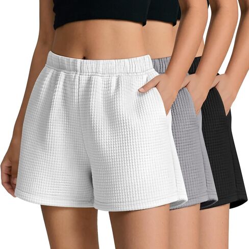 Ficerd 3 Pack Women's Sweat Shorts Waffle Knit Elastic High Waisted Lounge Summer Casual Comfy Outfit with Pockets in Saudi Arabia